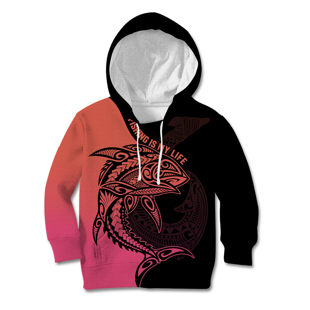 Personalised Polynesia Fishing Kid Hoodie With Maori Hei Matau Fish Hook Pink Art - Wonder Print Shop