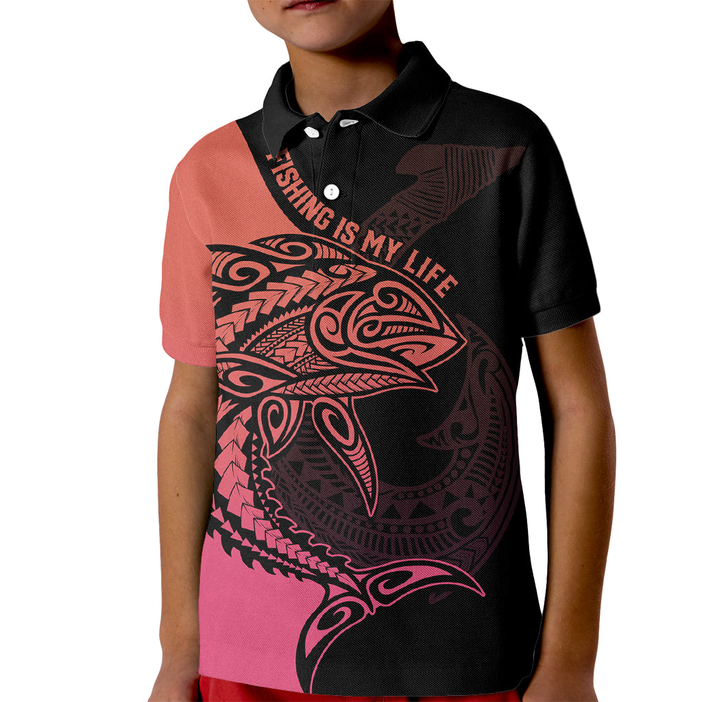 Personalised Polynesia Fishing Kid Polo Shirt With Maori Hei Matau Fish Hook Pink Art - Wonder Print Shop
