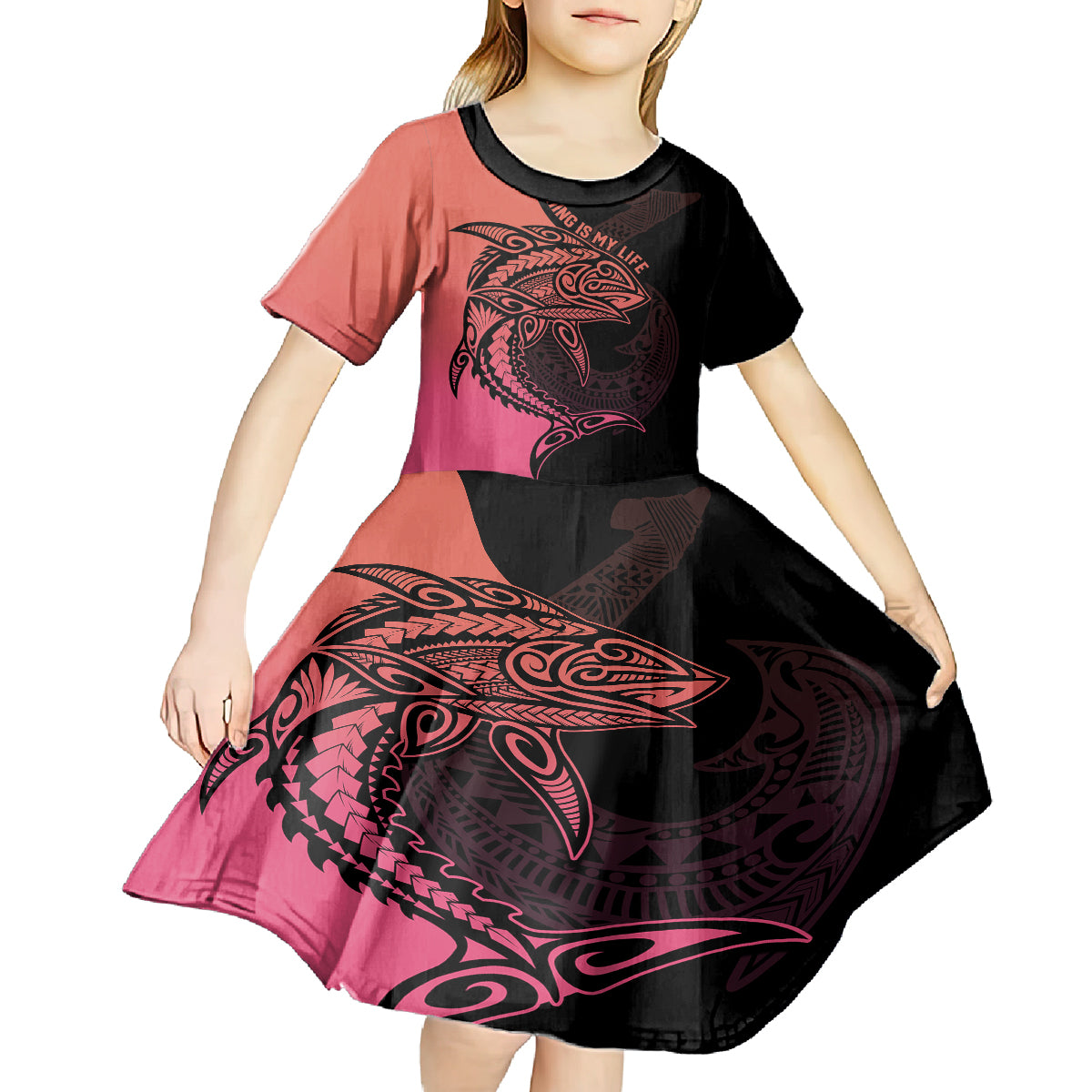 Personalised Polynesia Fishing Kid Short Sleeve Dress With Maori Hei Matau Fish Hook Pink Art - Wonder Print Shop