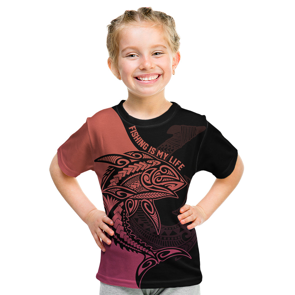 Personalised Polynesia Fishing Kid T Shirt With Maori Hei Matau Fish Hook Pink Art - Wonder Print Shop