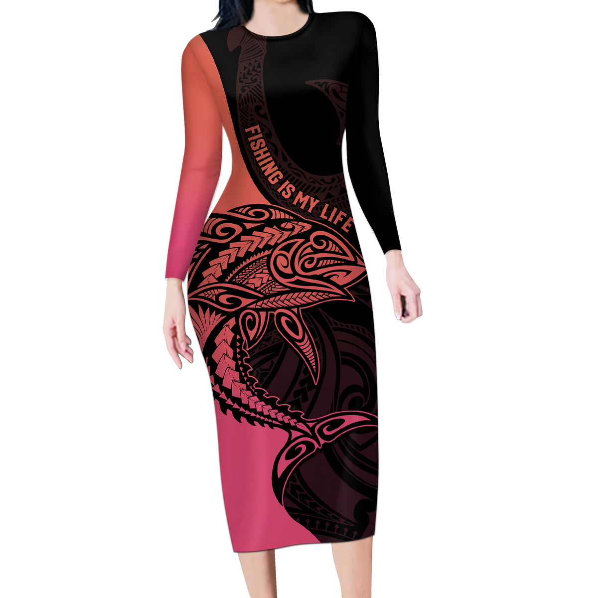 Personalised Polynesia Fishing Long Sleeve Bodycon Dress With Maori Hei Matau Fish Hook Pink Art - Wonder Print Shop