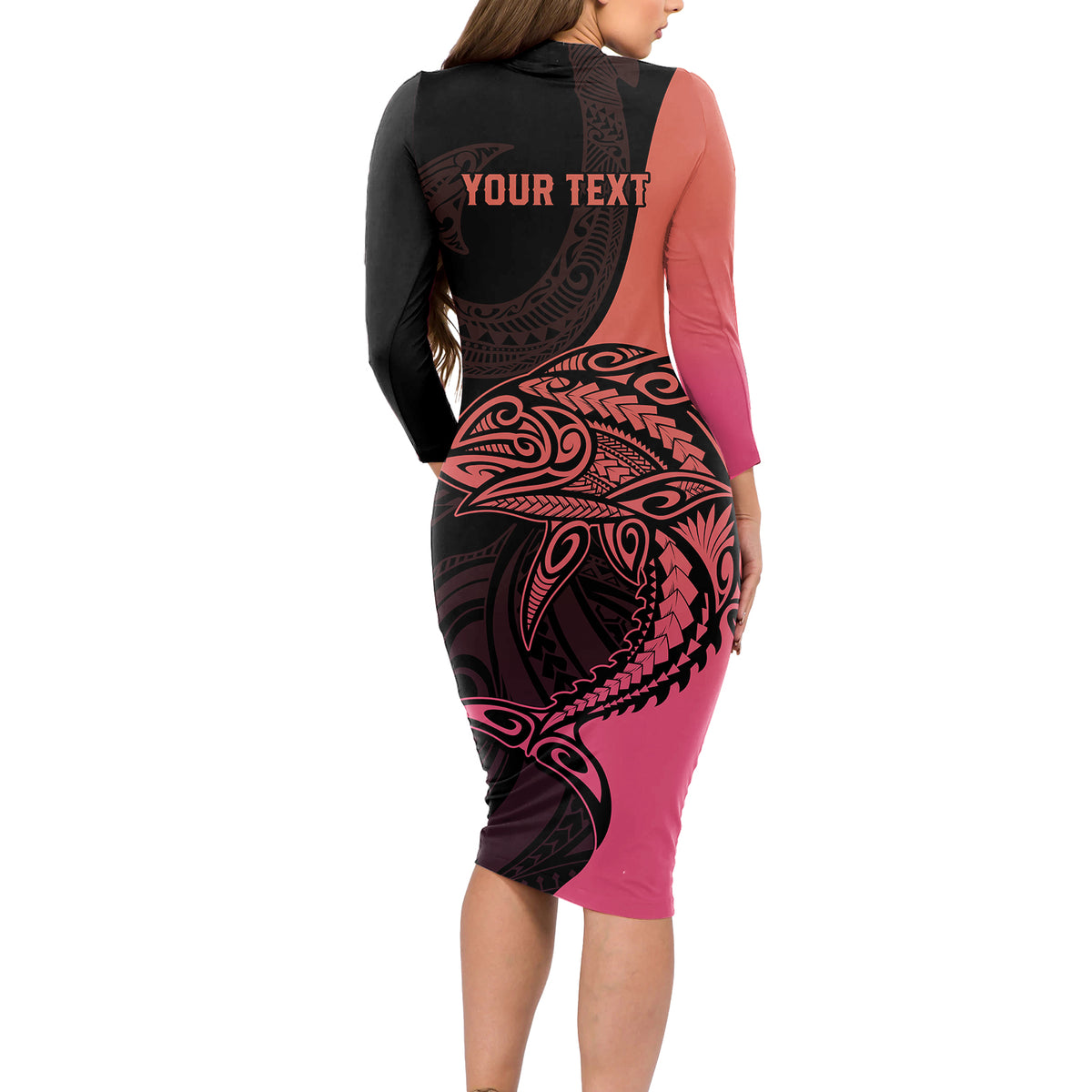 Personalised Polynesia Fishing Long Sleeve Bodycon Dress With Maori Hei Matau Fish Hook Pink Art - Wonder Print Shop