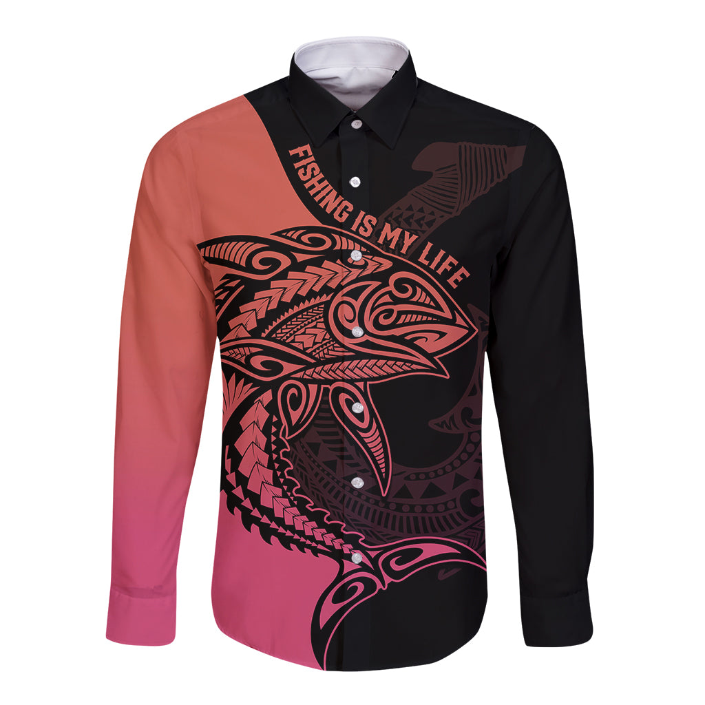Personalised Polynesia Fishing Long Sleeve Button Shirt With Maori Hei Matau Fish Hook Pink Art - Wonder Print Shop