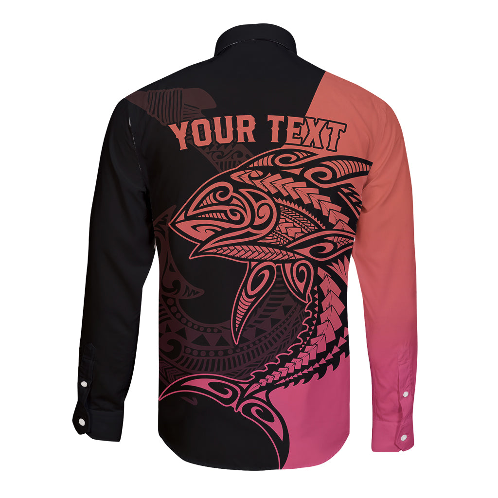 Personalised Polynesia Fishing Long Sleeve Button Shirt With Maori Hei Matau Fish Hook Pink Art - Wonder Print Shop