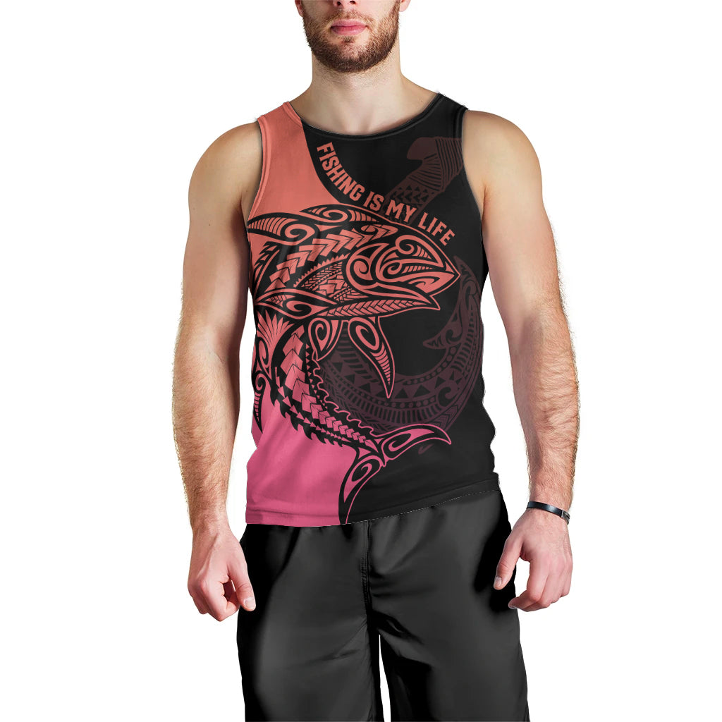 Personalised Polynesia Fishing Men Tank Top With Maori Hei Matau Fish Hook Pink Art - Wonder Print Shop