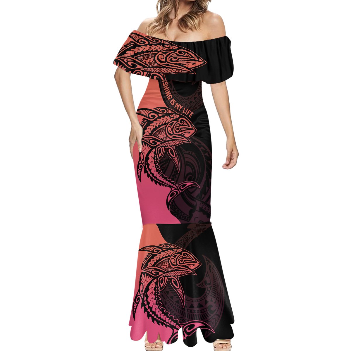 Personalised Polynesia Fishing Mermaid Dress With Maori Hei Matau Fish Hook Pink Art - Wonder Print Shop