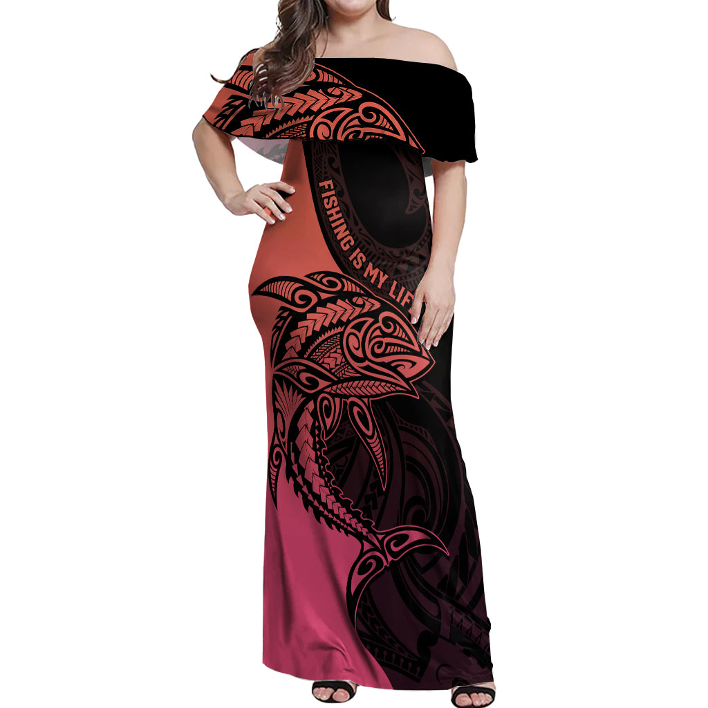 Personalised Polynesia Fishing Off Shoulder Maxi Dress With Maori Hei Matau Fish Hook Pink Art - Wonder Print Shop
