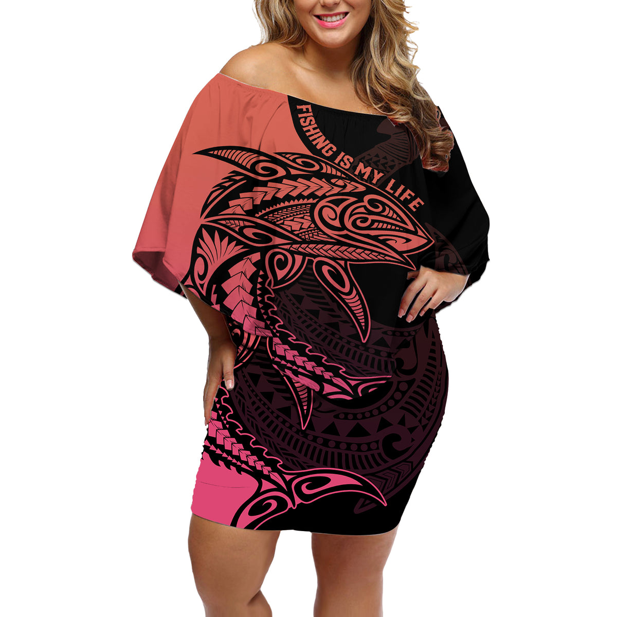 Personalised Polynesia Fishing Off Shoulder Short Dress With Maori Hei Matau Fish Hook Pink Art - Wonder Print Shop