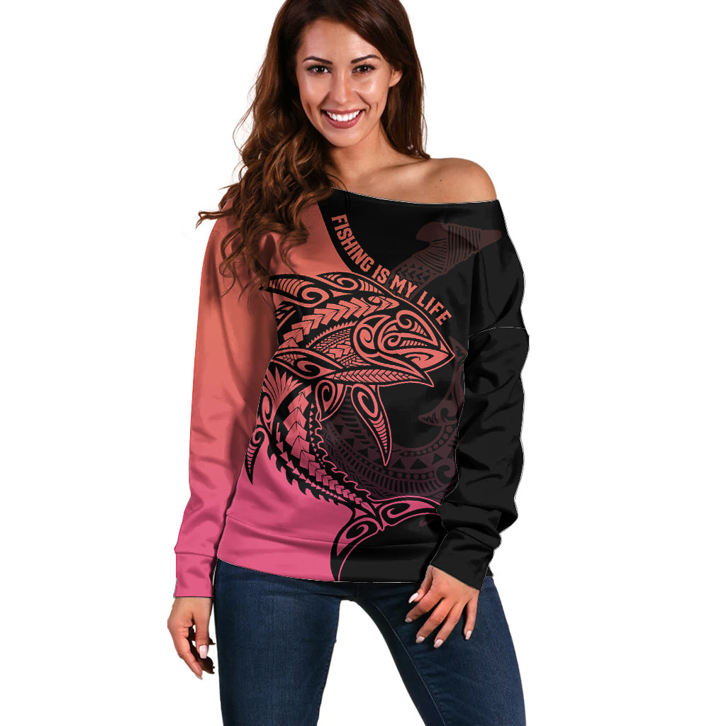 Personalised Polynesia Fishing Off Shoulder Sweater With Maori Hei Matau Fish Hook Pink Art - Wonder Print Shop