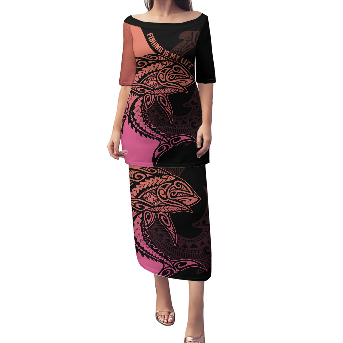 Personalised Polynesia Fishing Puletasi With Maori Hei Matau Fish Hook Pink Art - Wonder Print Shop