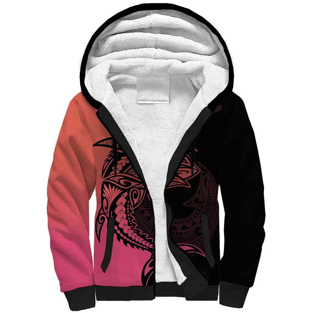 Personalised Polynesia Fishing Sherpa Hoodie With Maori Hei Matau Fish Hook Pink Art - Wonder Print Shop