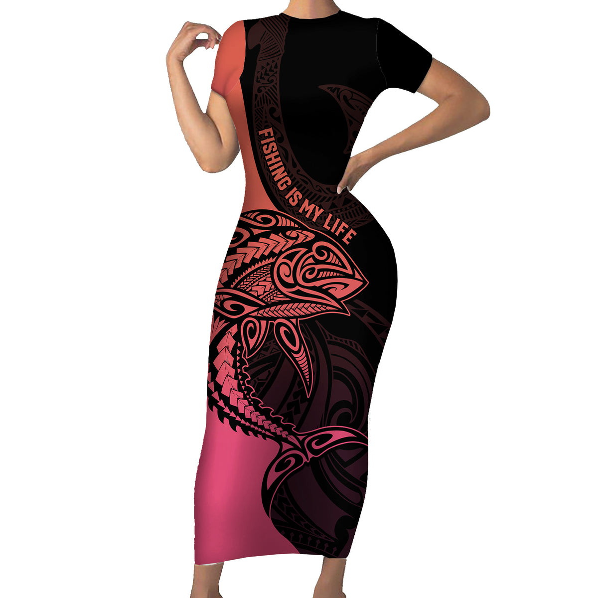 Personalised Polynesia Fishing Short Sleeve Bodycon Dress With Maori Hei Matau Fish Hook Pink Art - Wonder Print Shop