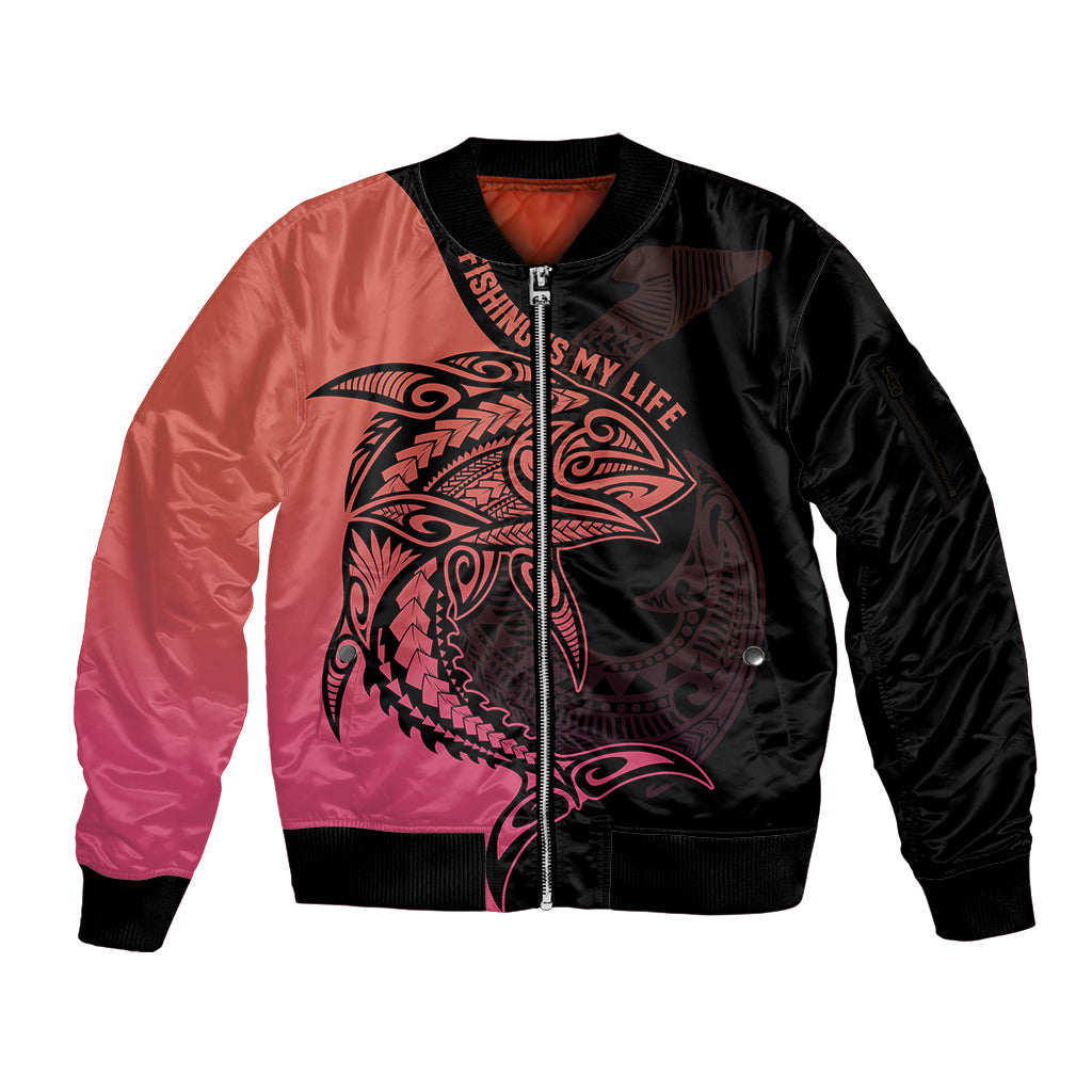 Personalised Polynesia Fishing Sleeve Zip Bomber Jacket With Maori Hei Matau Fish Hook Pink Art - Wonder Print Shop