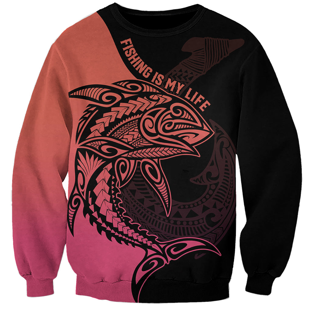 Personalised Polynesia Fishing Sweatshirt With Maori Hei Matau Fish Hook Pink Art - Wonder Print Shop