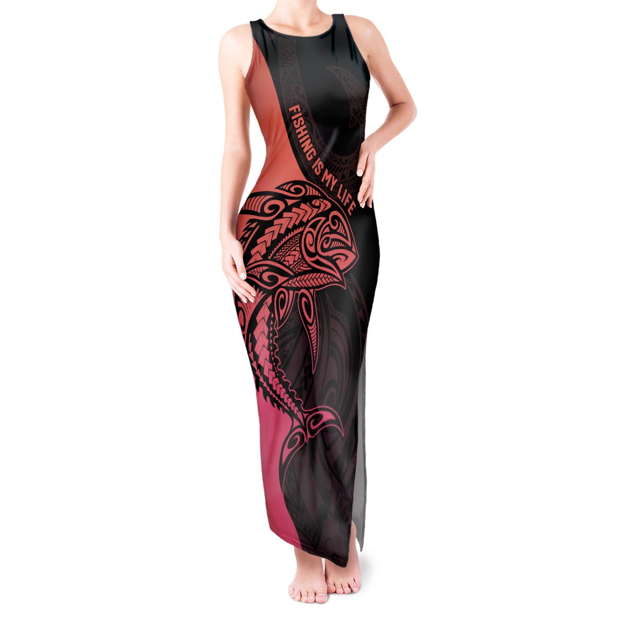 Personalised Polynesia Fishing Tank Maxi Dress With Maori Hei Matau Fish Hook Pink Art - Wonder Print Shop