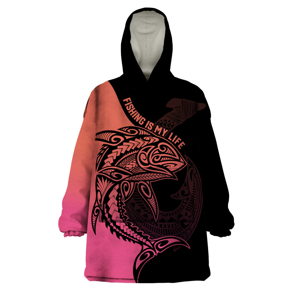 Personalised Polynesia Fishing Wearable Blanket Hoodie With Maori Hei Matau Fish Hook Pink Art - Wonder Print Shop