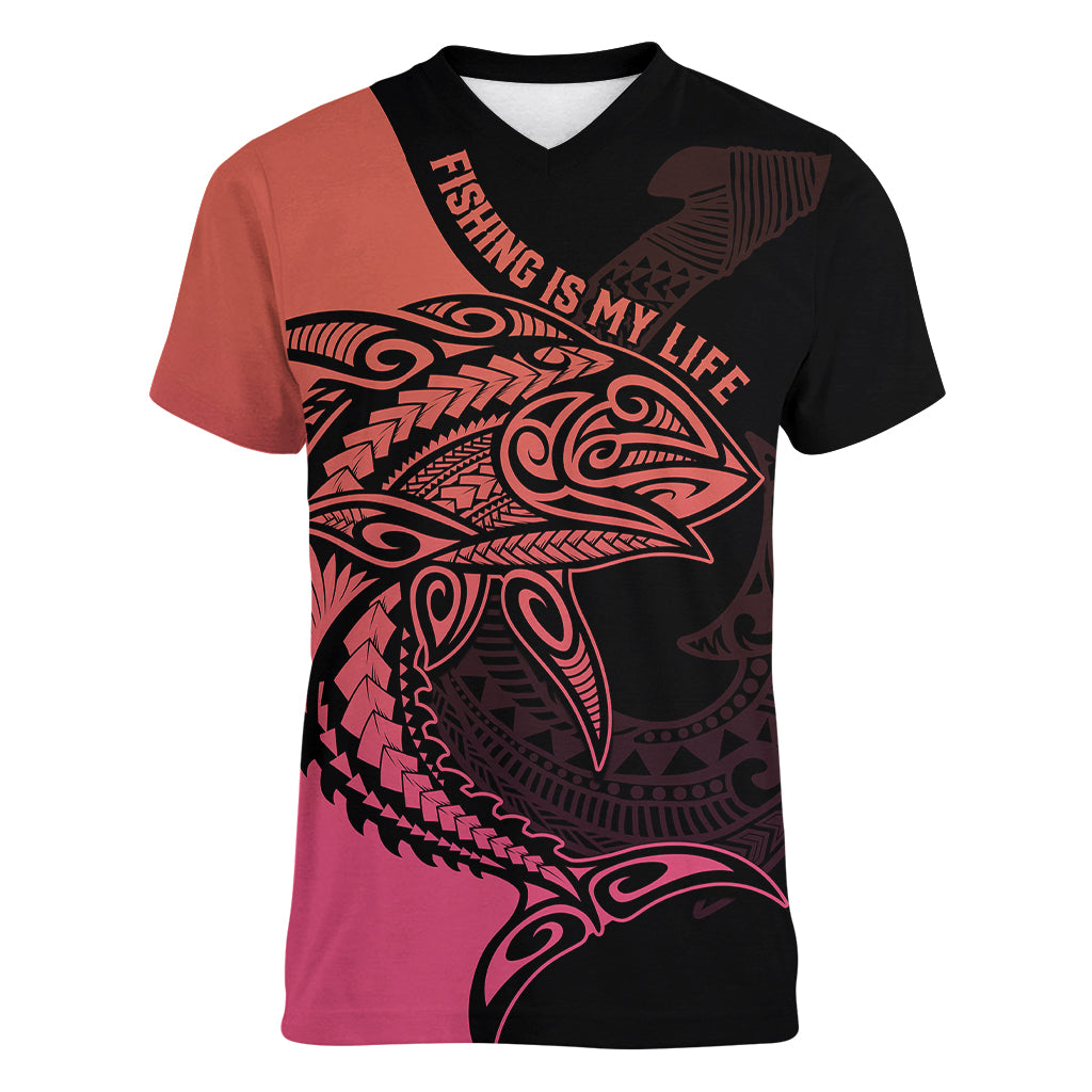Personalised Polynesia Fishing Women V Neck T Shirt With Maori Hei Matau Fish Hook Pink Art - Wonder Print Shop