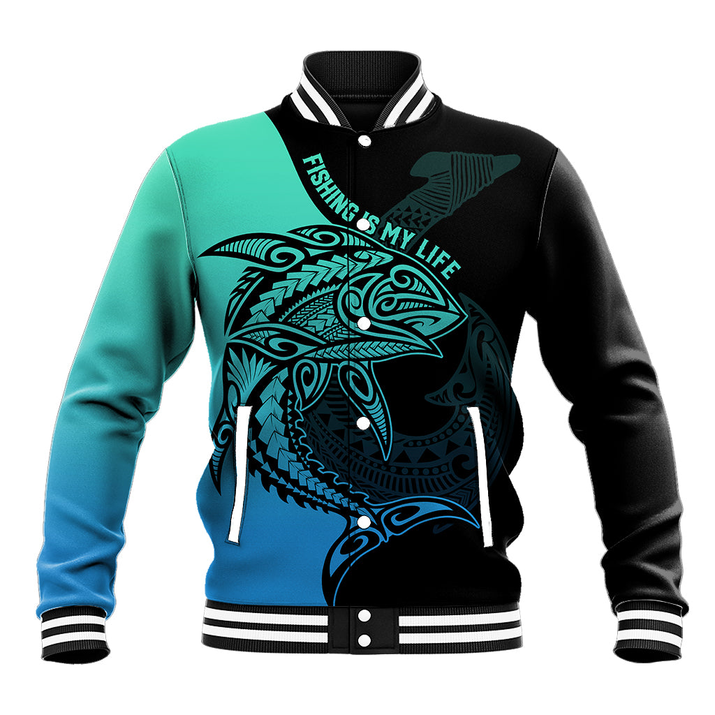 Personalised Polynesia Fishing Baseball Jacket With Maori Hei Matau Fish Hook Turquoise Art LT9 - Wonder Print Shop