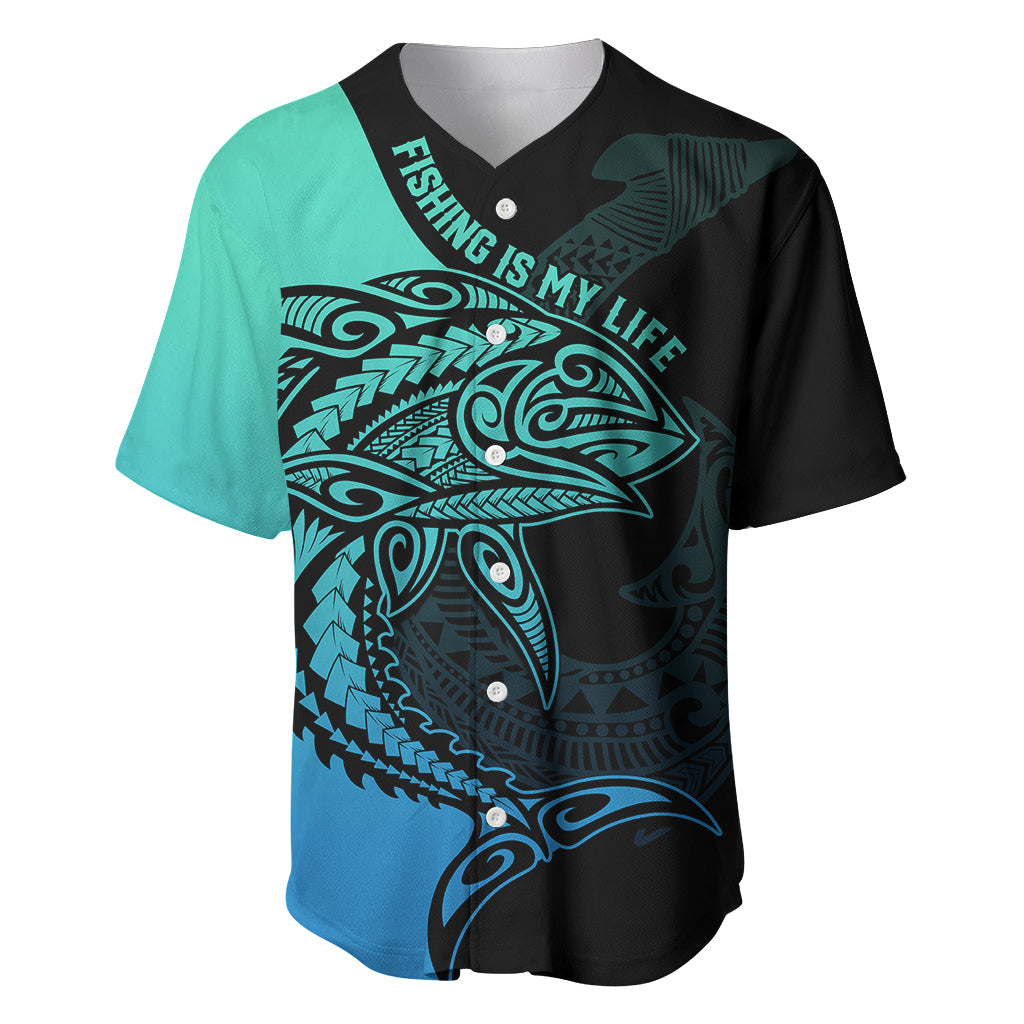 Personalised Polynesia Fishing Baseball Jersey With Maori Hei Matau Fish Hook Turquoise Art LT9 - Wonder Print Shop