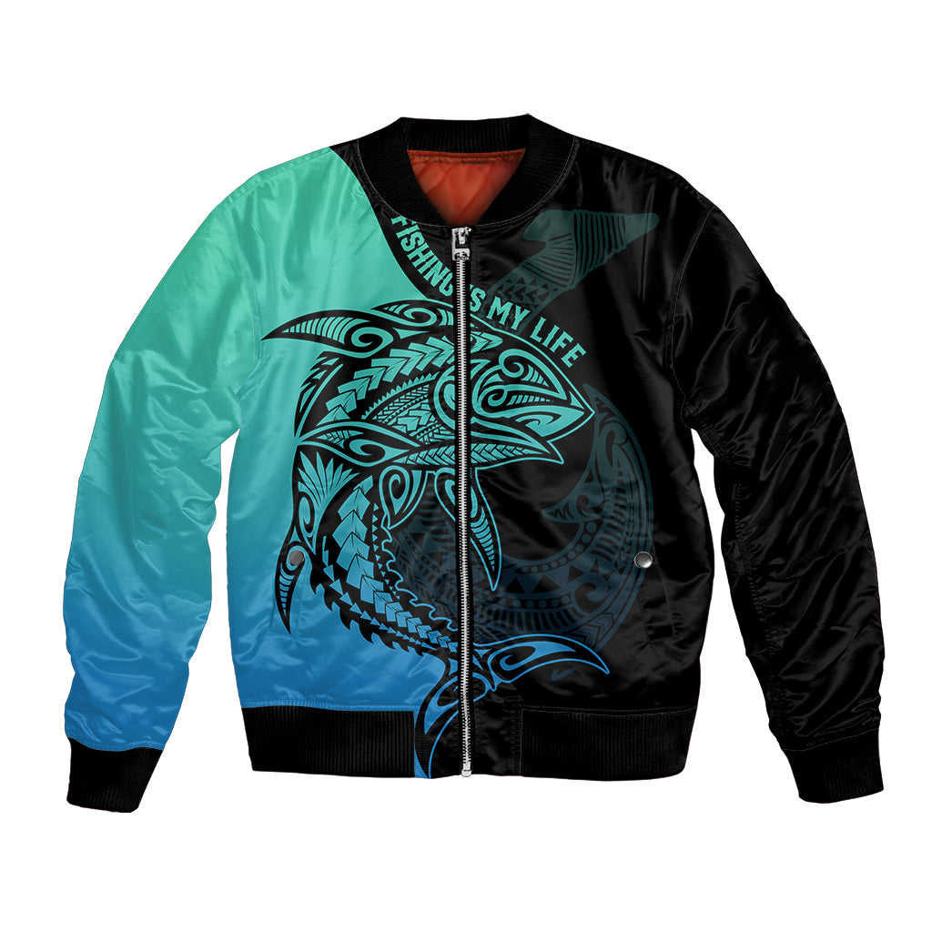 Personalised Polynesia Fishing Bomber Jacket With Maori Hei Matau Fish Hook Turquoise Art LT9 - Wonder Print Shop