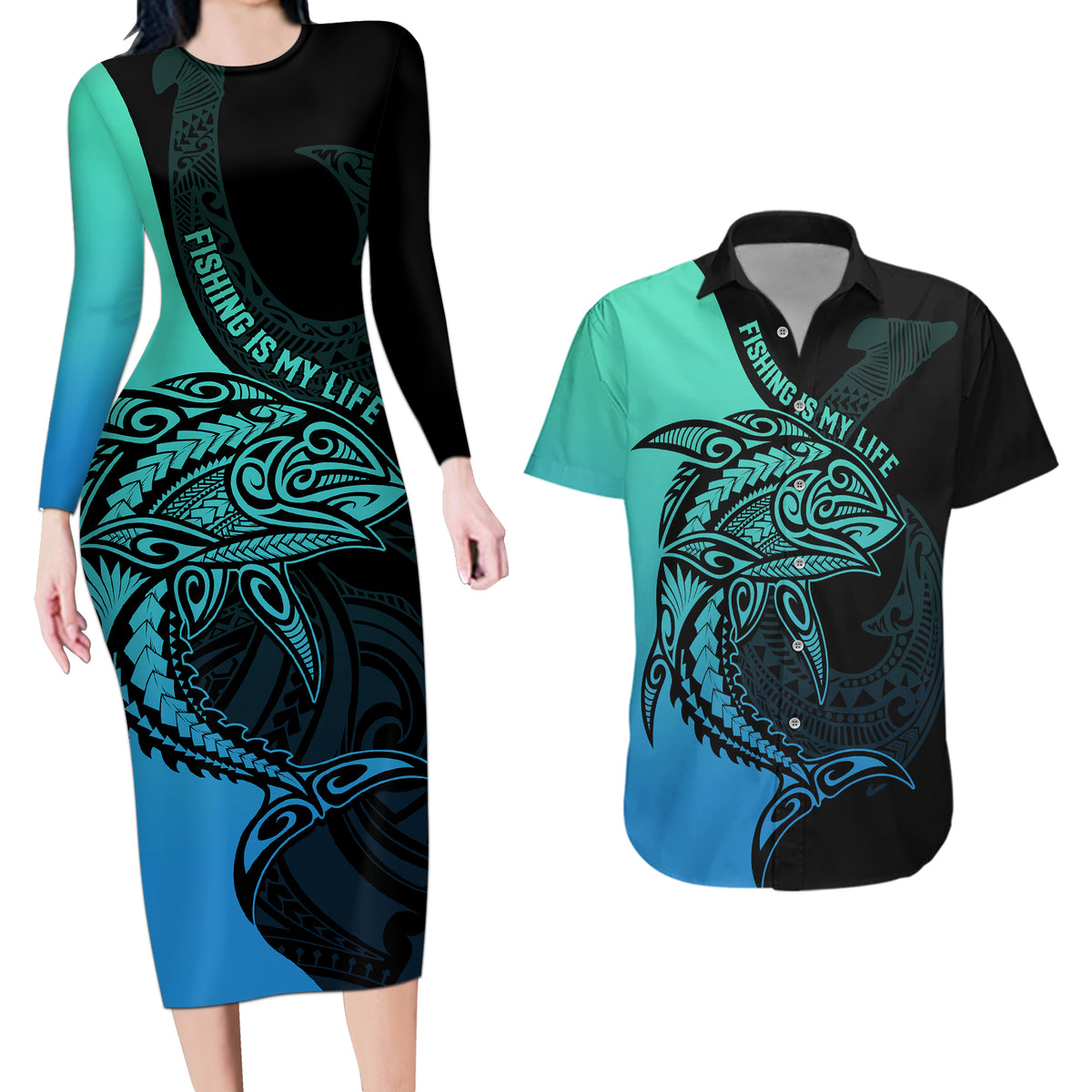 Personalised Polynesia Fishing Couples Matching Long Sleeve Bodycon Dress and Hawaiian Shirt With Maori Hei Matau Fish Hook Turquoise Art LT9 - Wonder Print Shop