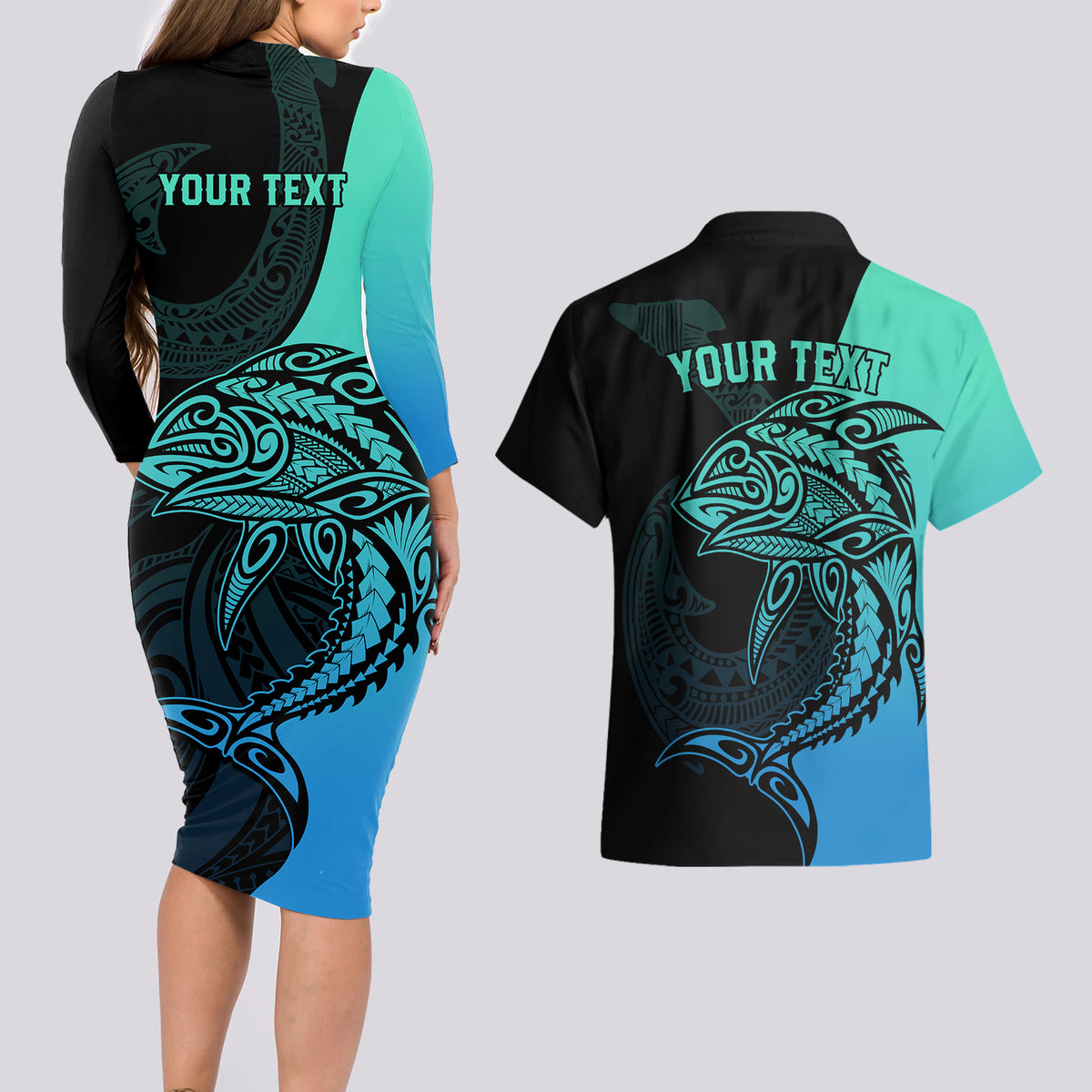 Personalised Polynesia Fishing Couples Matching Long Sleeve Bodycon Dress and Hawaiian Shirt With Maori Hei Matau Fish Hook Turquoise Art LT9 - Wonder Print Shop