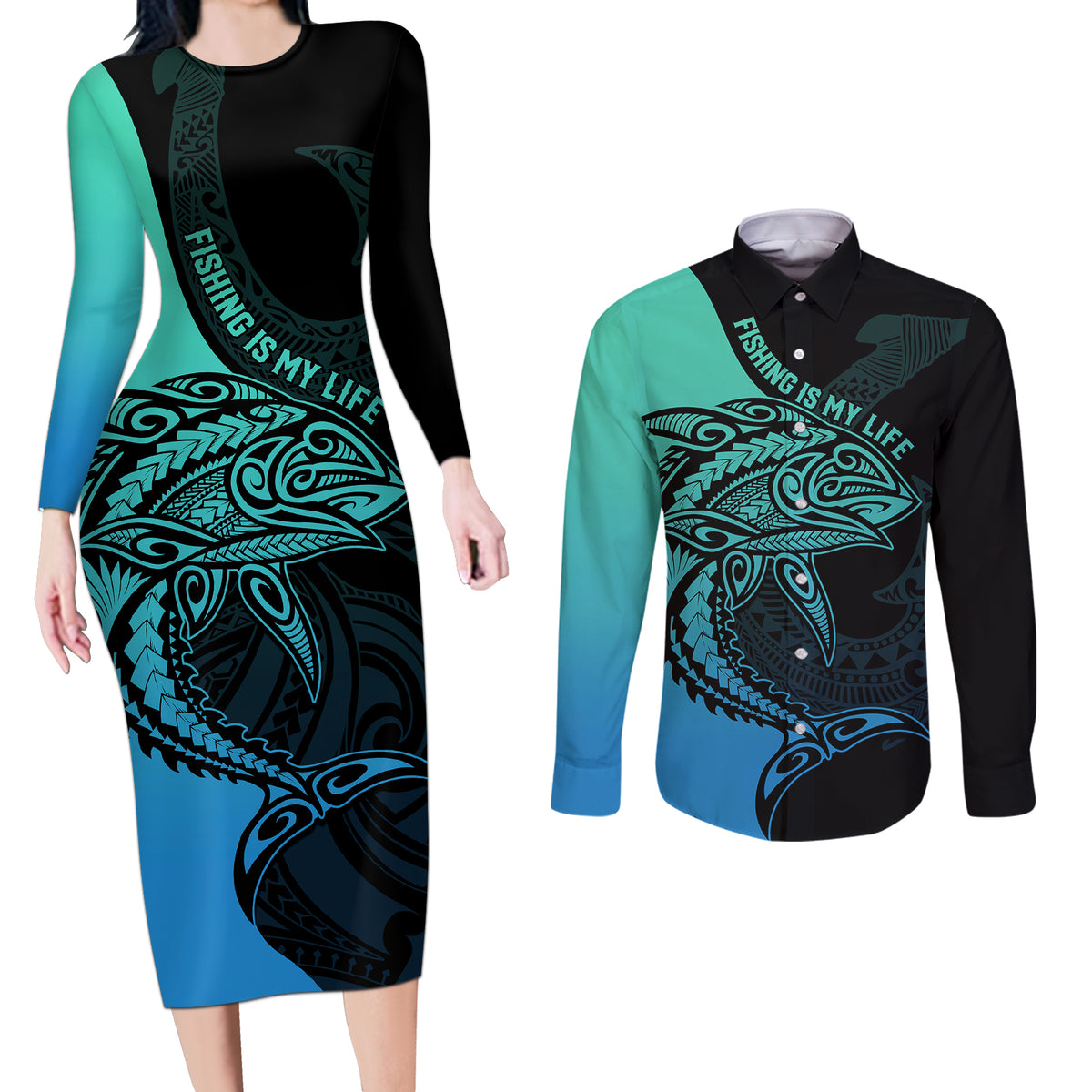Personalised Polynesia Fishing Couples Matching Long Sleeve Bodycon Dress and Long Sleeve Button Shirts With Maori Hei Matau Fish Hook Turquoise Art LT9 - Wonder Print Shop