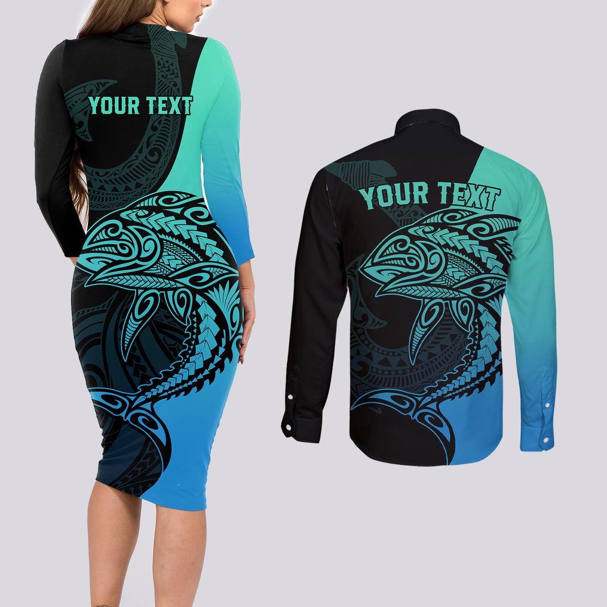 Personalised Polynesia Fishing Couples Matching Long Sleeve Bodycon Dress and Long Sleeve Button Shirts With Maori Hei Matau Fish Hook Turquoise Art LT9 - Wonder Print Shop