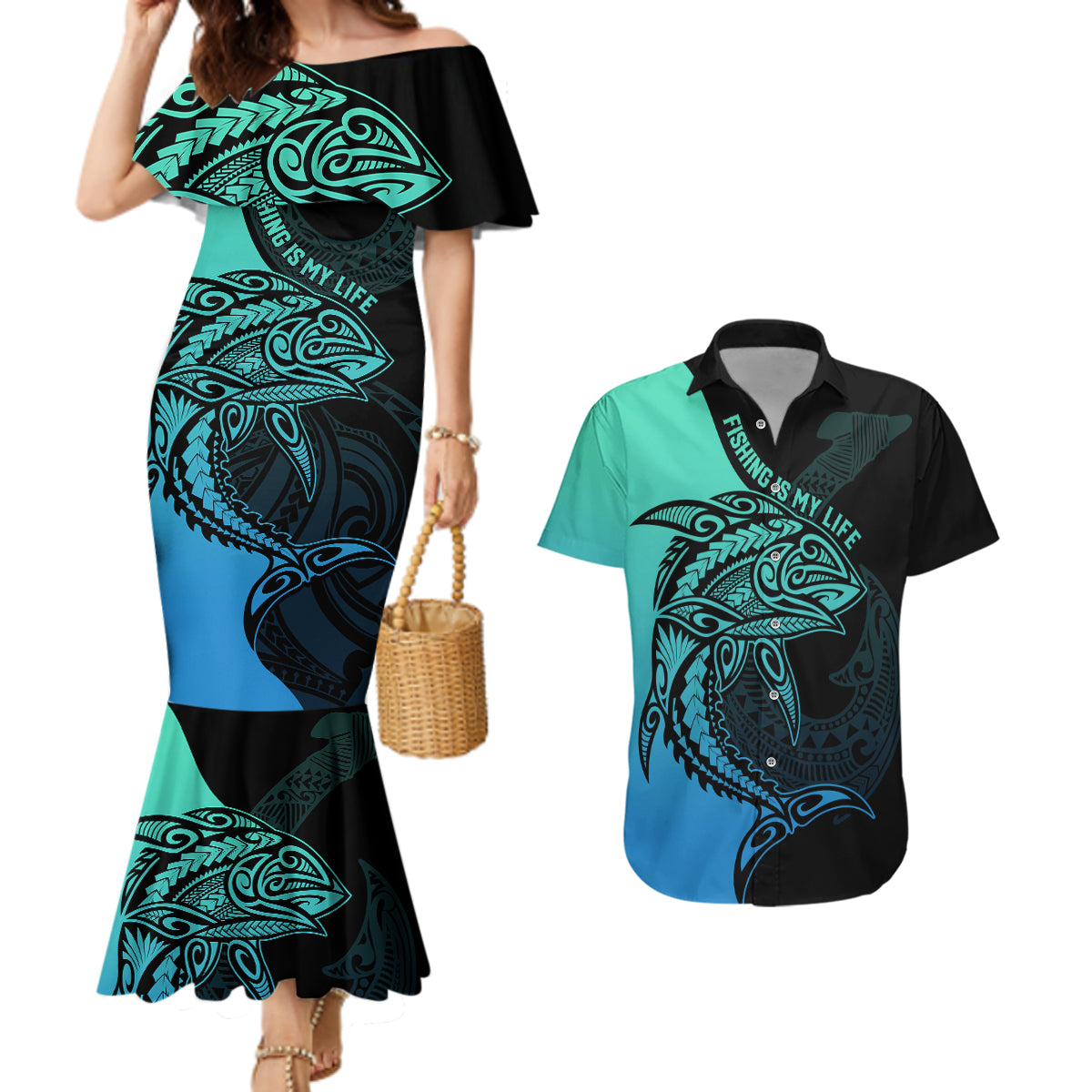 Personalised Polynesia Fishing Couples Matching Mermaid Dress and Hawaiian Shirt With Maori Hei Matau Fish Hook Turquoise Art LT9 - Wonder Print Shop