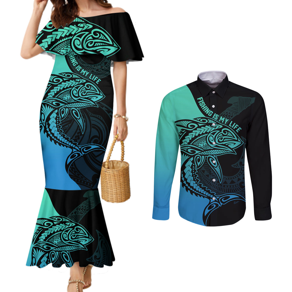 personalised-polynesia-fishing-couples-matching-mermaid-dress-and-long-sleeve-button-shirts-with-maori-hei-matau-fish-hook-turquoise-art