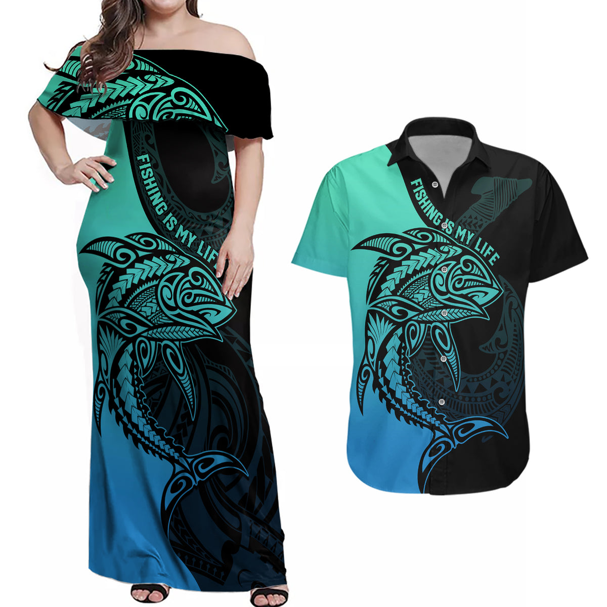 Personalised Polynesia Fishing Couples Matching Off Shoulder Maxi Dress and Hawaiian Shirt With Maori Hei Matau Fish Hook Turquoise Art LT9 - Wonder Print Shop