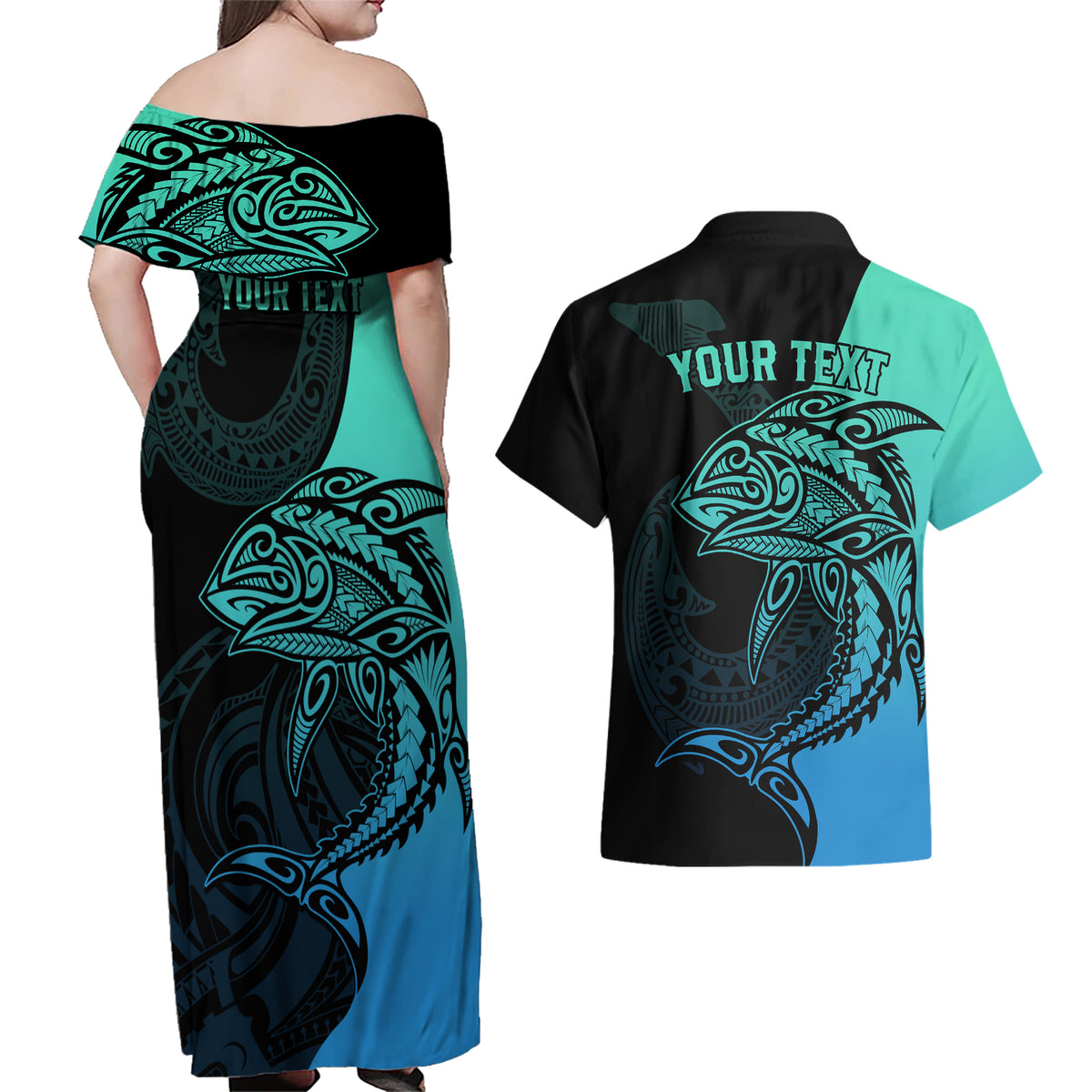 Personalised Polynesia Fishing Couples Matching Off Shoulder Maxi Dress and Hawaiian Shirt With Maori Hei Matau Fish Hook Turquoise Art LT9 - Wonder Print Shop
