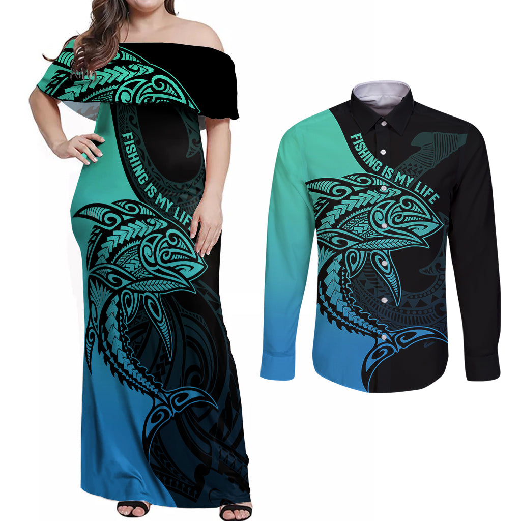Personalised Polynesia Fishing Couples Matching Off Shoulder Maxi Dress and Long Sleeve Button Shirts With Maori Hei Matau Fish Hook Turquoise Art LT9 - Wonder Print Shop