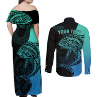 Personalised Polynesia Fishing Couples Matching Off Shoulder Maxi Dress and Long Sleeve Button Shirts With Maori Hei Matau Fish Hook Turquoise Art LT9 - Wonder Print Shop