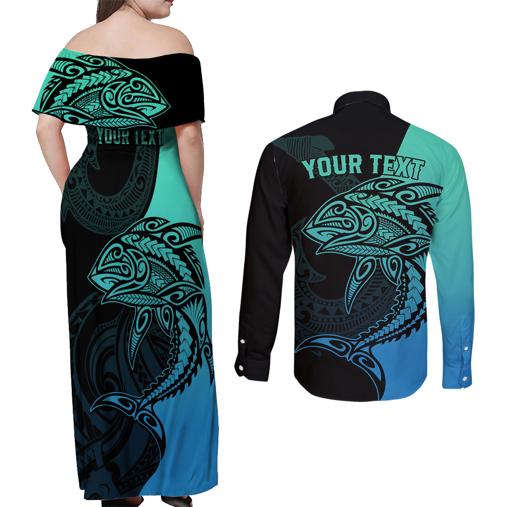 Personalised Polynesia Fishing Couples Matching Off Shoulder Maxi Dress and Long Sleeve Button Shirts With Maori Hei Matau Fish Hook Turquoise Art LT9 - Wonder Print Shop