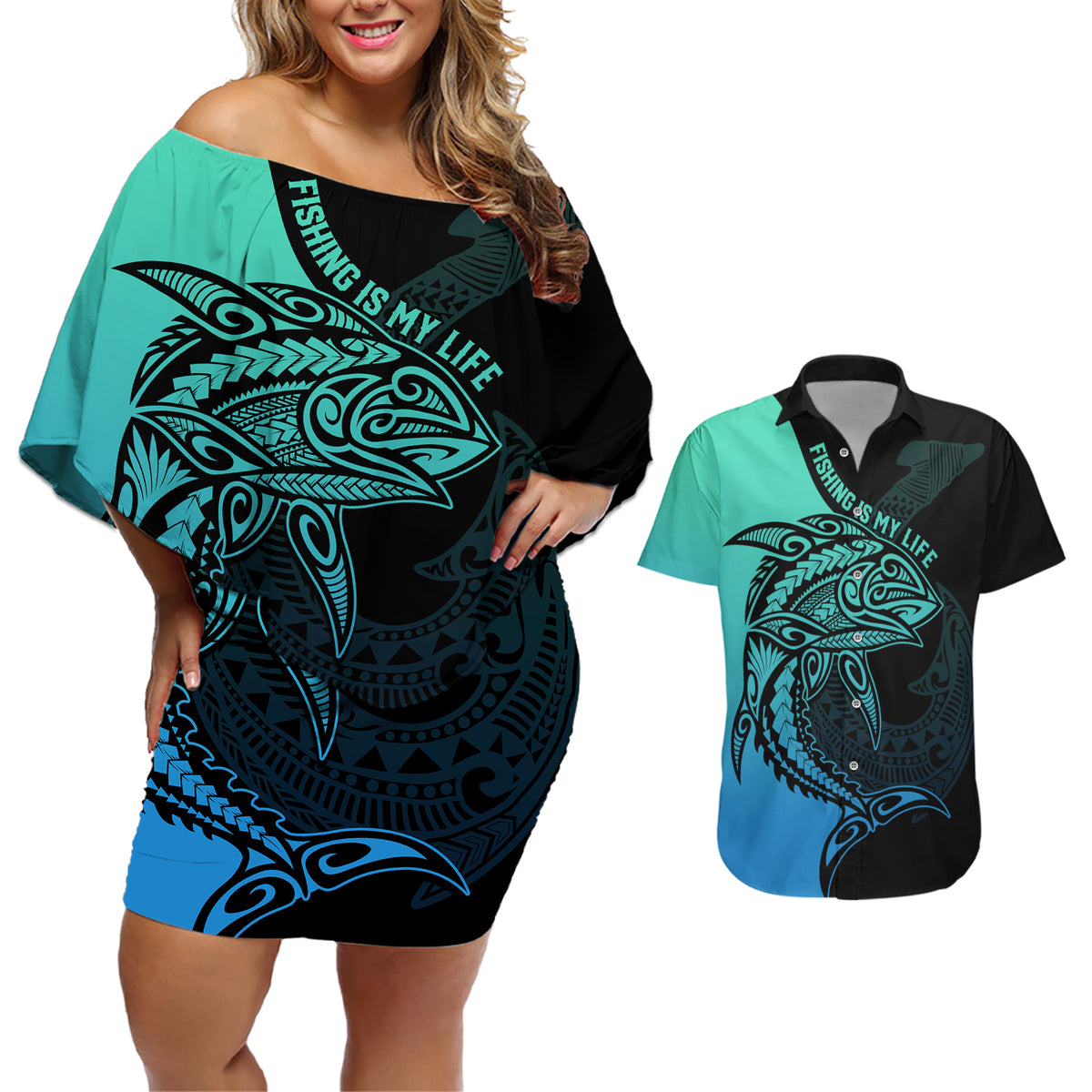 Personalised Polynesia Fishing Couples Matching Off Shoulder Short Dress and Hawaiian Shirt With Maori Hei Matau Fish Hook Turquoise Art LT9 - Wonder Print Shop