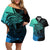 Personalised Polynesia Fishing Couples Matching Off Shoulder Short Dress and Hawaiian Shirt With Maori Hei Matau Fish Hook Turquoise Art LT9 - Wonder Print Shop