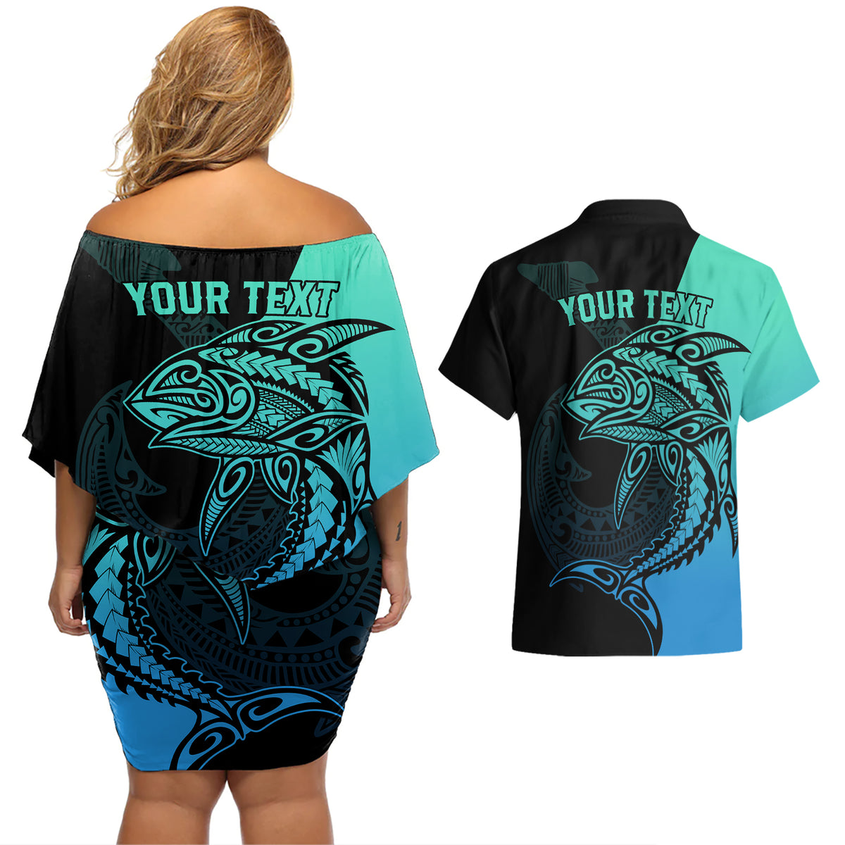 Personalised Polynesia Fishing Couples Matching Off Shoulder Short Dress and Hawaiian Shirt With Maori Hei Matau Fish Hook Turquoise Art LT9 - Wonder Print Shop