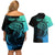 Personalised Polynesia Fishing Couples Matching Off Shoulder Short Dress and Hawaiian Shirt With Maori Hei Matau Fish Hook Turquoise Art LT9 - Wonder Print Shop
