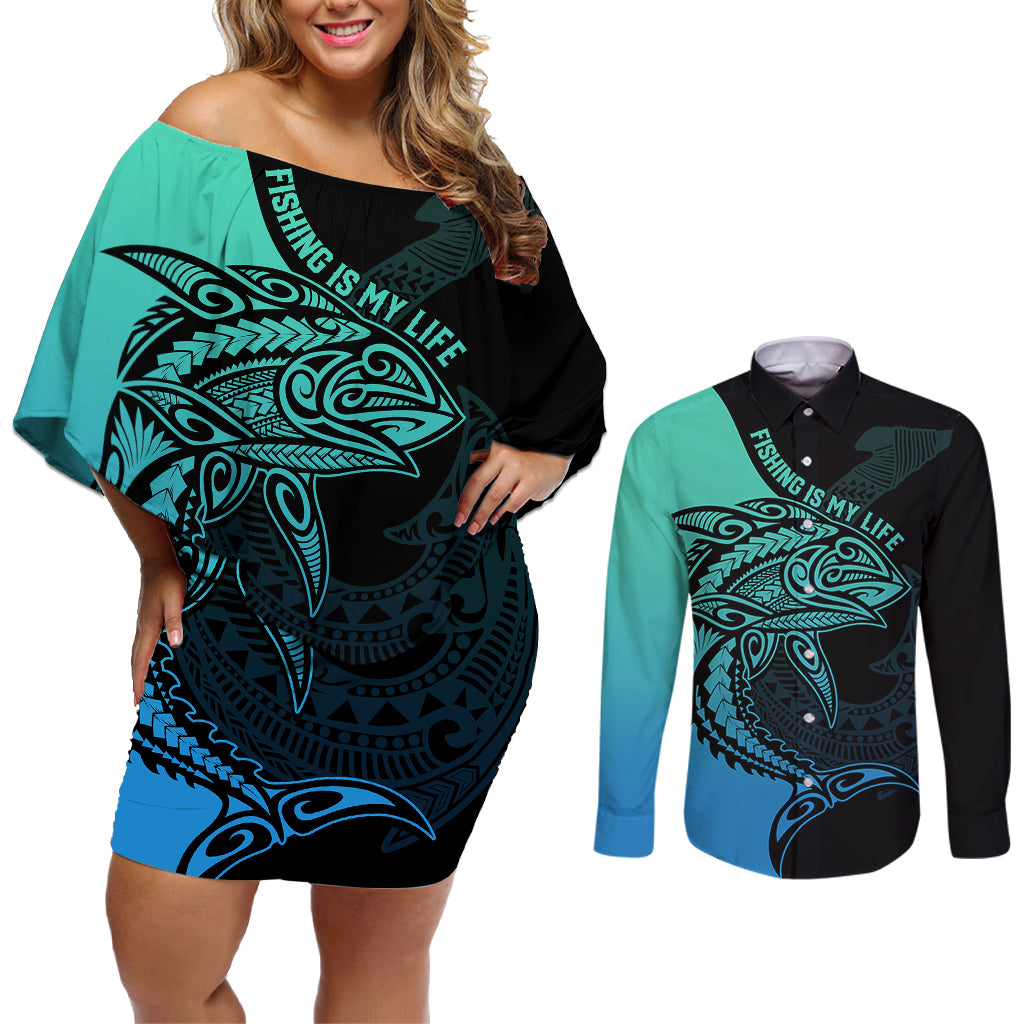 Personalised Polynesia Fishing Couples Matching Off Shoulder Short Dress and Long Sleeve Button Shirts With Maori Hei Matau Fish Hook Turquoise Art LT9 - Wonder Print Shop