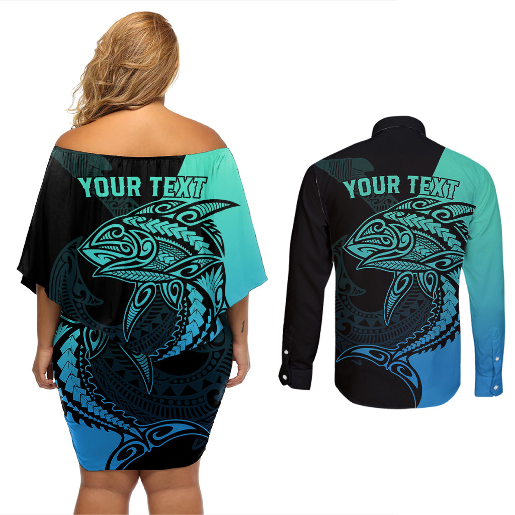 Personalised Polynesia Fishing Couples Matching Off Shoulder Short Dress and Long Sleeve Button Shirts With Maori Hei Matau Fish Hook Turquoise Art LT9 - Wonder Print Shop