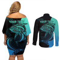 Personalised Polynesia Fishing Couples Matching Off Shoulder Short Dress and Long Sleeve Button Shirts With Maori Hei Matau Fish Hook Turquoise Art LT9 - Wonder Print Shop