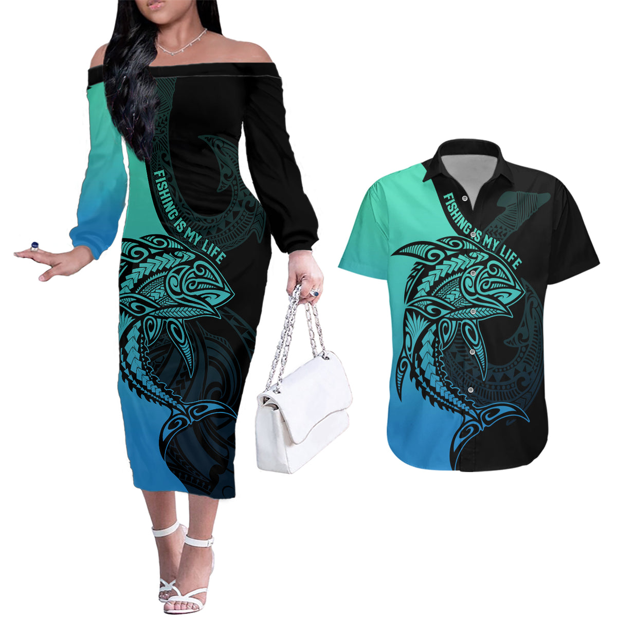 Personalised Polynesia Fishing Couples Matching Off The Shoulder Long Sleeve Dress and Hawaiian Shirt With Maori Hei Matau Fish Hook Turquoise Art LT9 - Wonder Print Shop