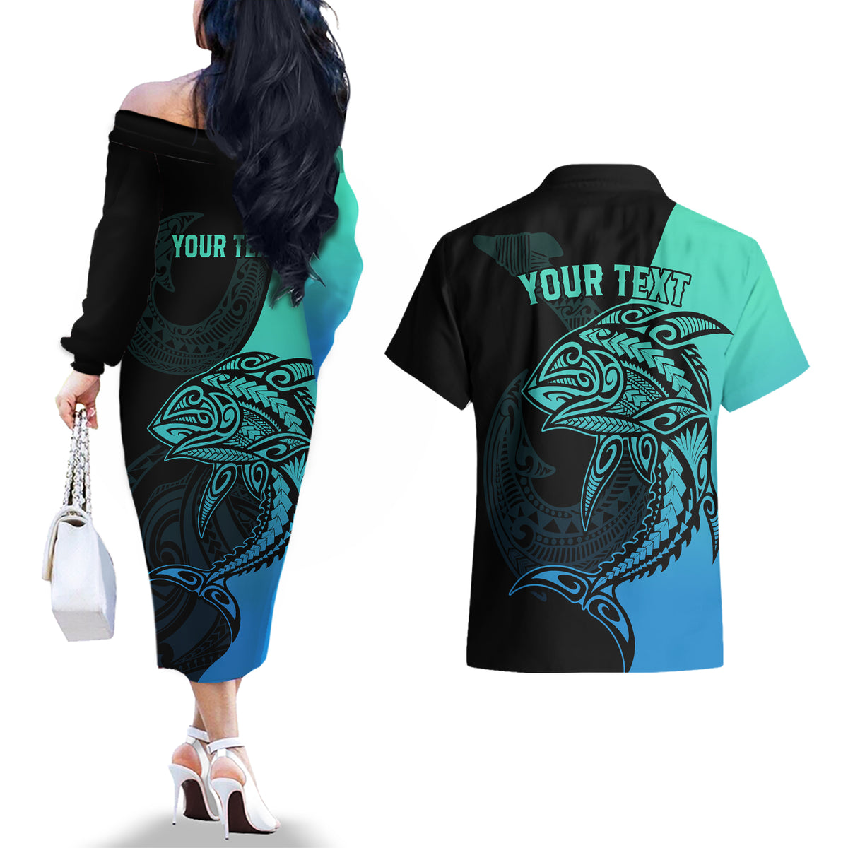 Personalised Polynesia Fishing Couples Matching Off The Shoulder Long Sleeve Dress and Hawaiian Shirt With Maori Hei Matau Fish Hook Turquoise Art LT9 - Wonder Print Shop