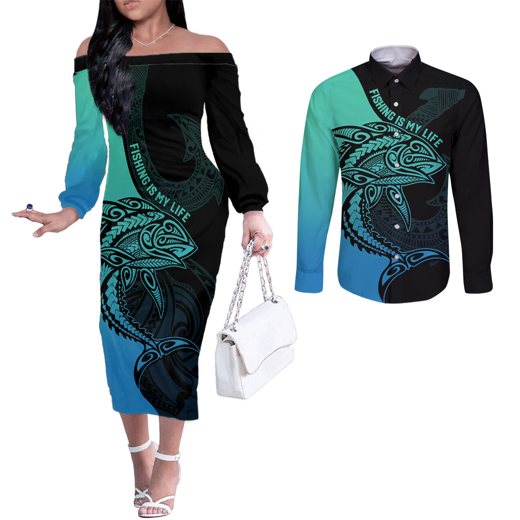 personalised-polynesia-fishing-couples-matching-off-the-shoulder-long-sleeve-dress-and-long-sleeve-button-shirts-with-maori-hei-matau-fish-hook-turquoise-art