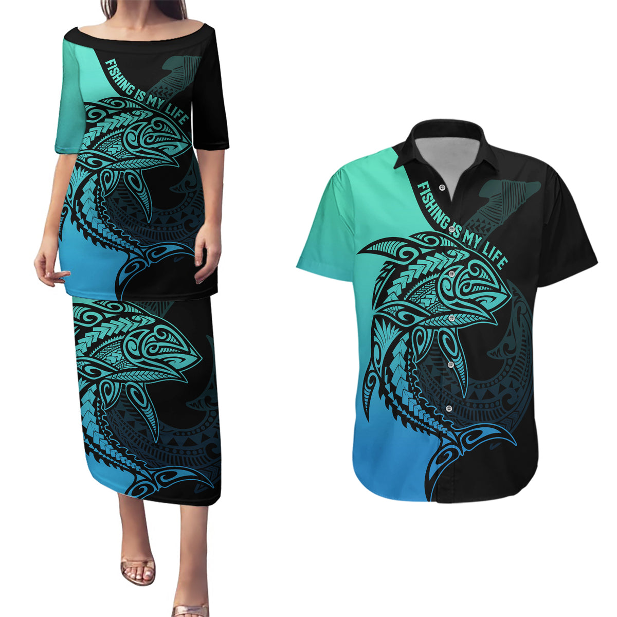 Personalised Polynesia Fishing Couples Matching Puletasi Dress and Hawaiian Shirt With Maori Hei Matau Fish Hook Turquoise Art LT9 - Wonder Print Shop