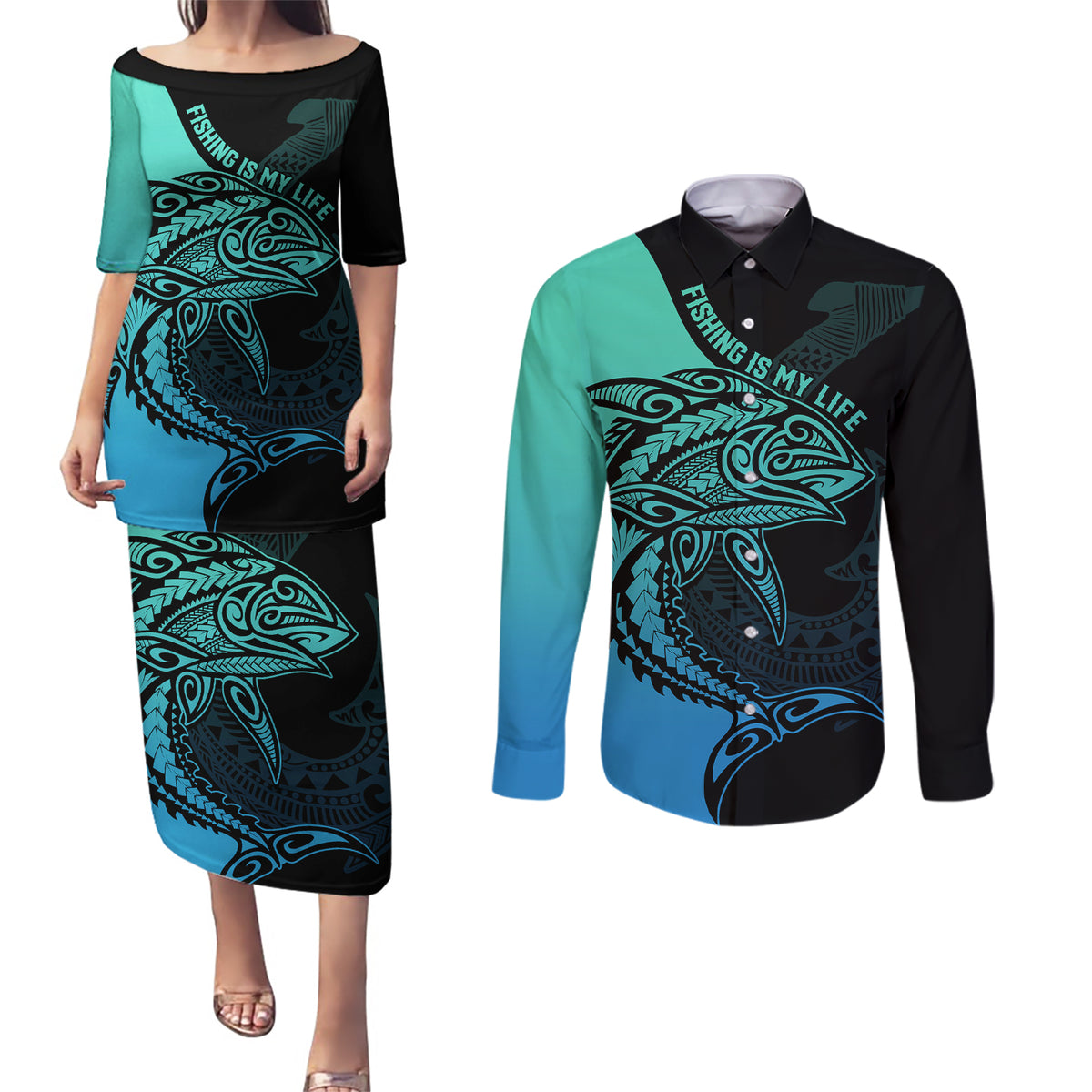 Personalised Polynesia Fishing Couples Matching Puletasi Dress and Long Sleeve Button Shirts With Maori Hei Matau Fish Hook Turquoise Art LT9 - Wonder Print Shop