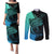 Personalised Polynesia Fishing Couples Matching Puletasi Dress and Long Sleeve Button Shirts With Maori Hei Matau Fish Hook Turquoise Art LT9 - Wonder Print Shop