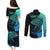 Personalised Polynesia Fishing Couples Matching Puletasi Dress and Long Sleeve Button Shirts With Maori Hei Matau Fish Hook Turquoise Art LT9 - Wonder Print Shop