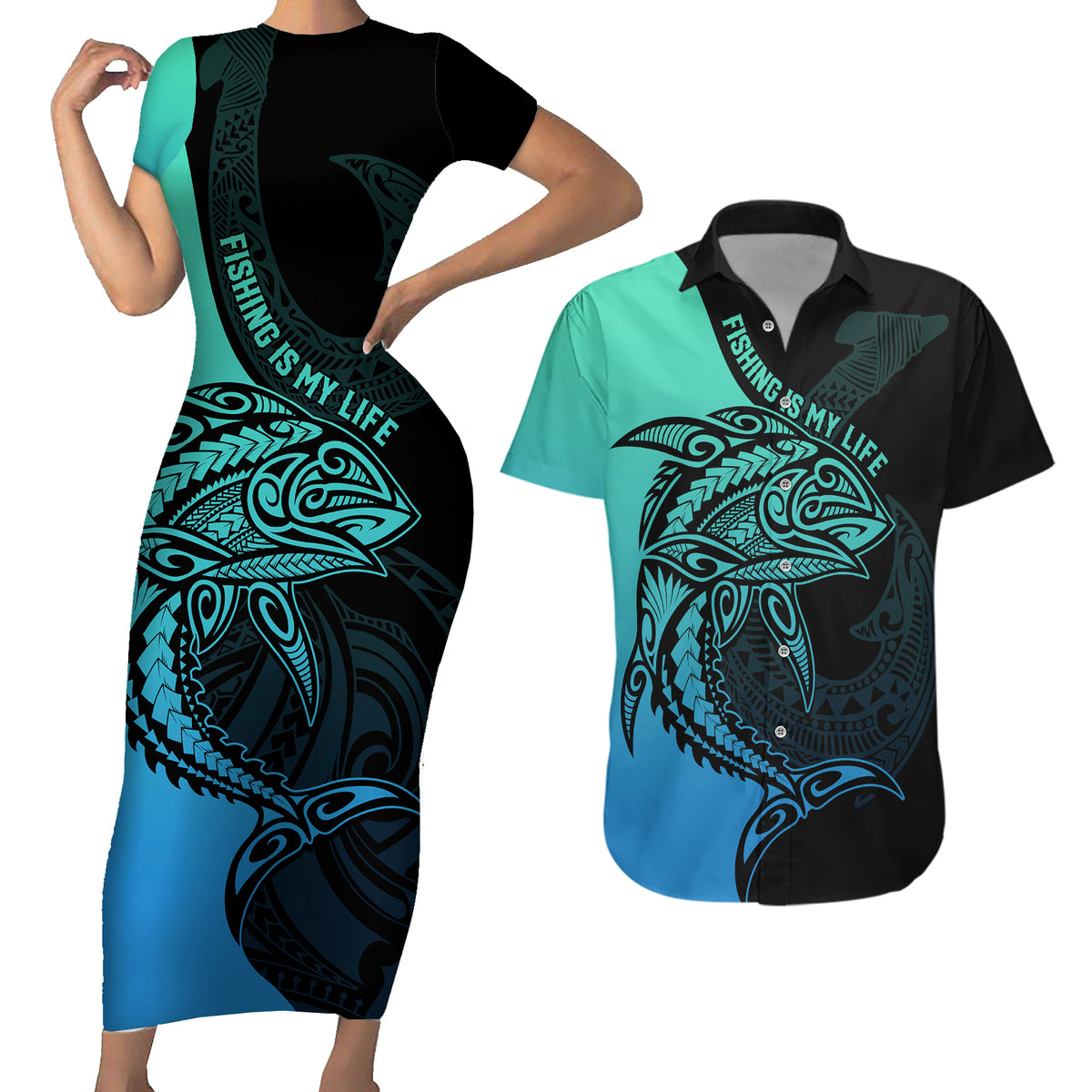 Personalised Polynesia Fishing Couples Matching Short Sleeve Bodycon Dress and Hawaiian Shirt With Maori Hei Matau Fish Hook Turquoise Art LT9 - Wonder Print Shop